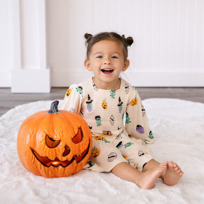 Long Sleeve Smocked Dress in Boo Crew