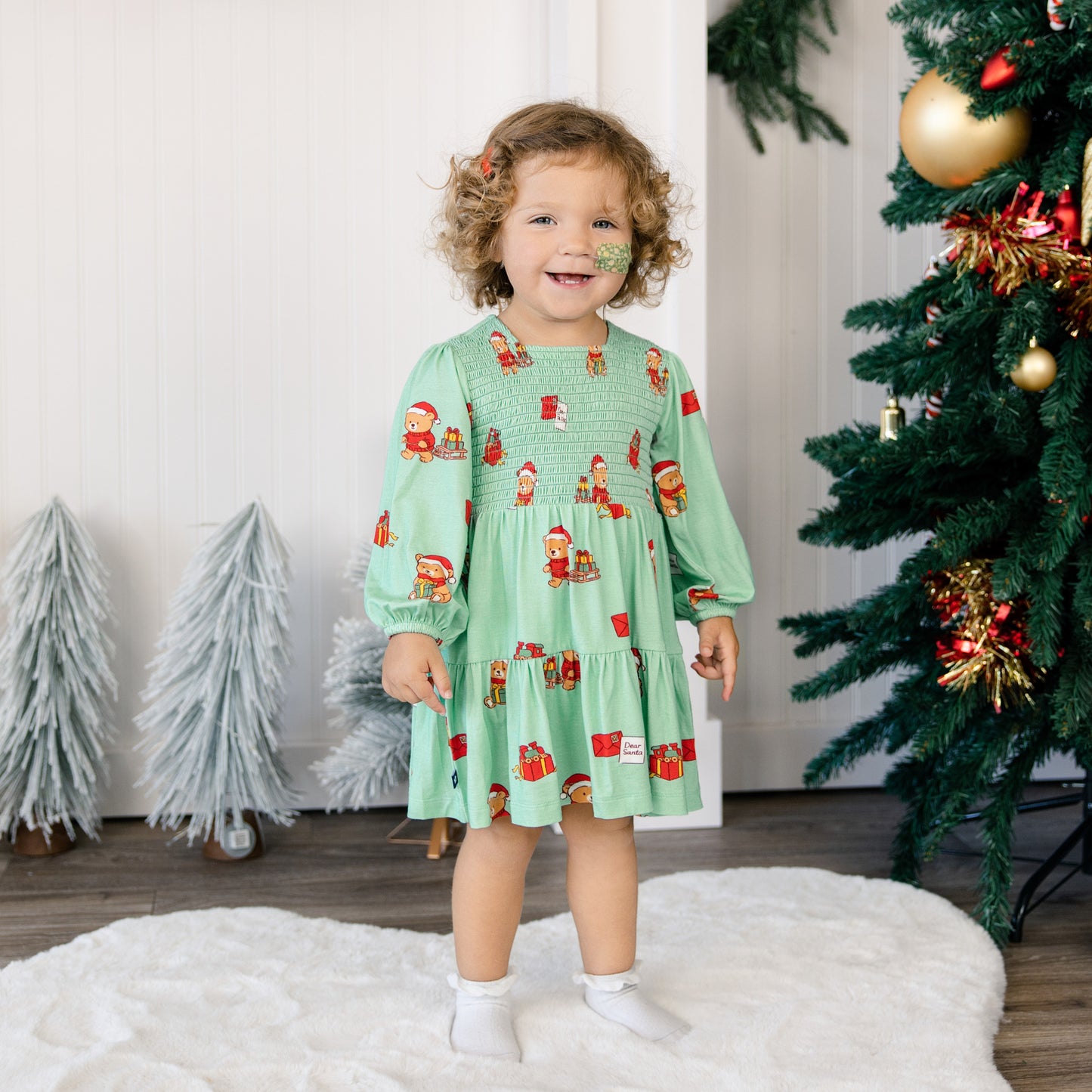 Long Sleeve Smocked Dress in Dear Santa