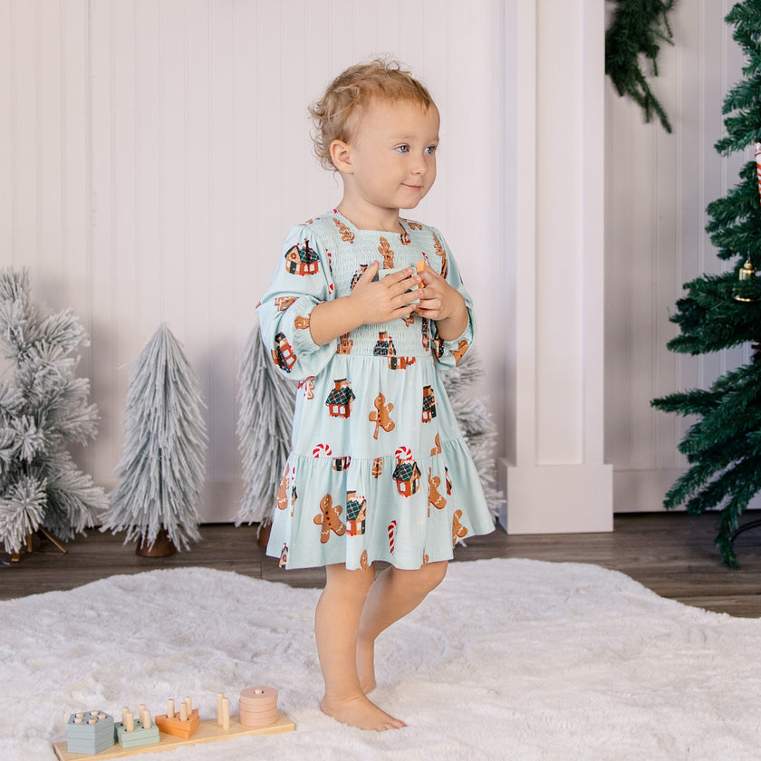Long Sleeve Smocked Dress in Gingerbread Lane