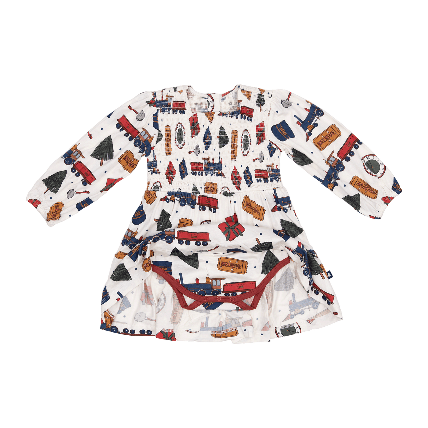 Long Sleeve Smocked Dress in Holiday Express