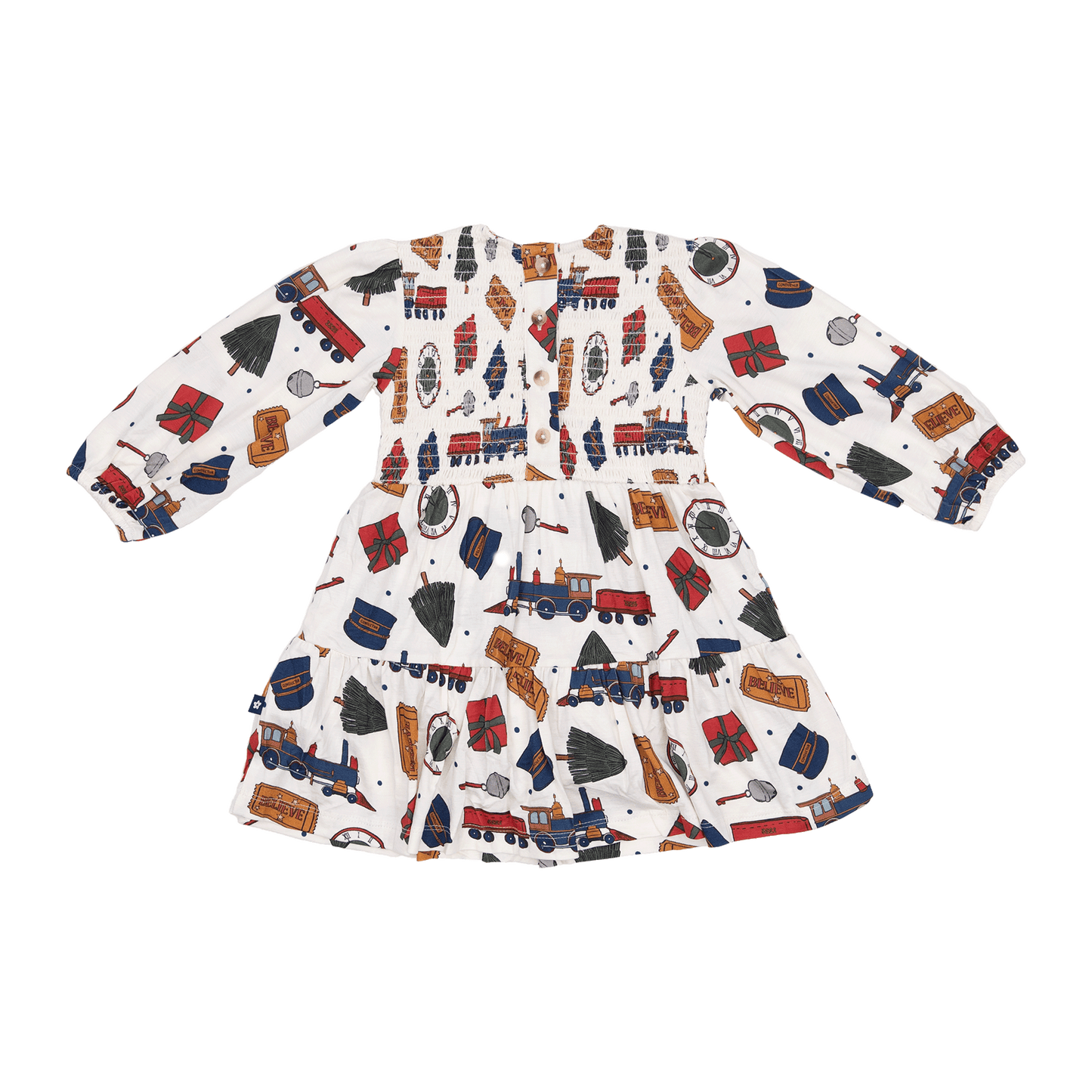 Long Sleeve Smocked Dress in Holiday Express