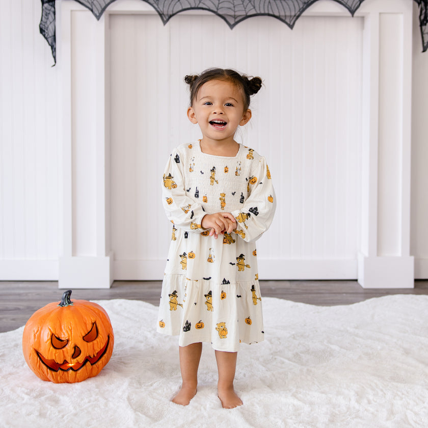 Long Sleeve Smocked Dress in Trick or Treat