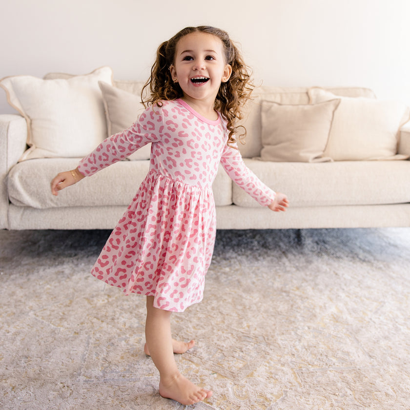 Long Sleeve Twirl Dress in Pink Leopard