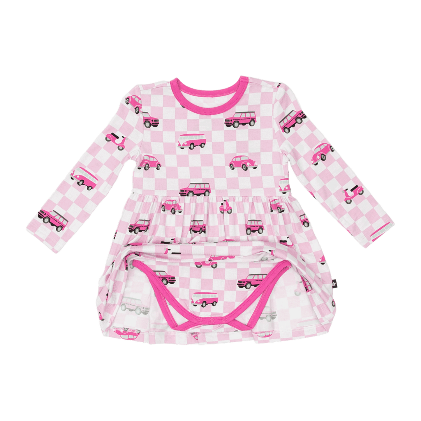 Long Sleeve Twirl Dress in Pink Wheels