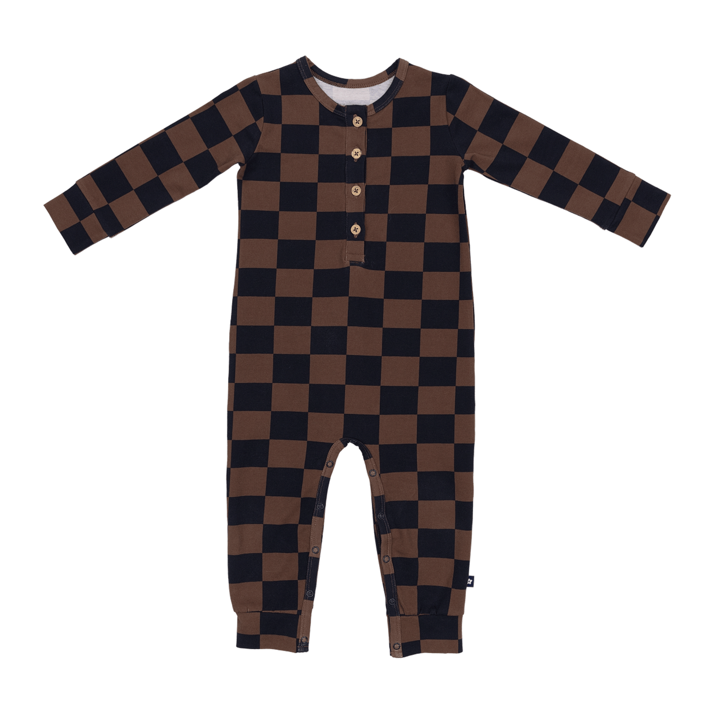 Long Sleeve Henley Romper in Cocoa Check