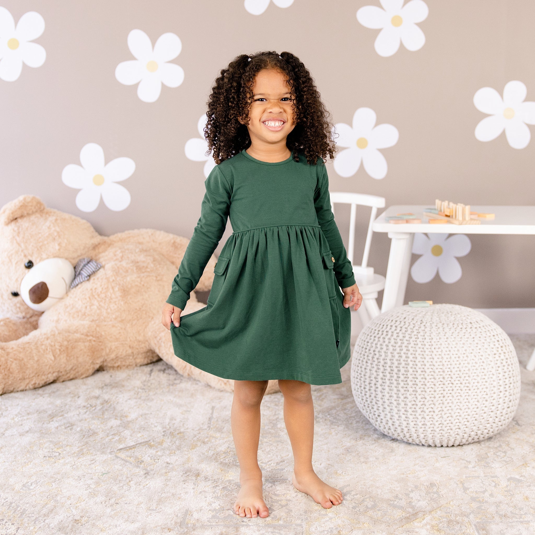 Larkspur Baby | Long sleeve Skater Dress with Pockets in Forest Moss 5T-6T Larkspur Baby | Long sleeve Skater Dress with Pockets in Forest Moss 5T-6T