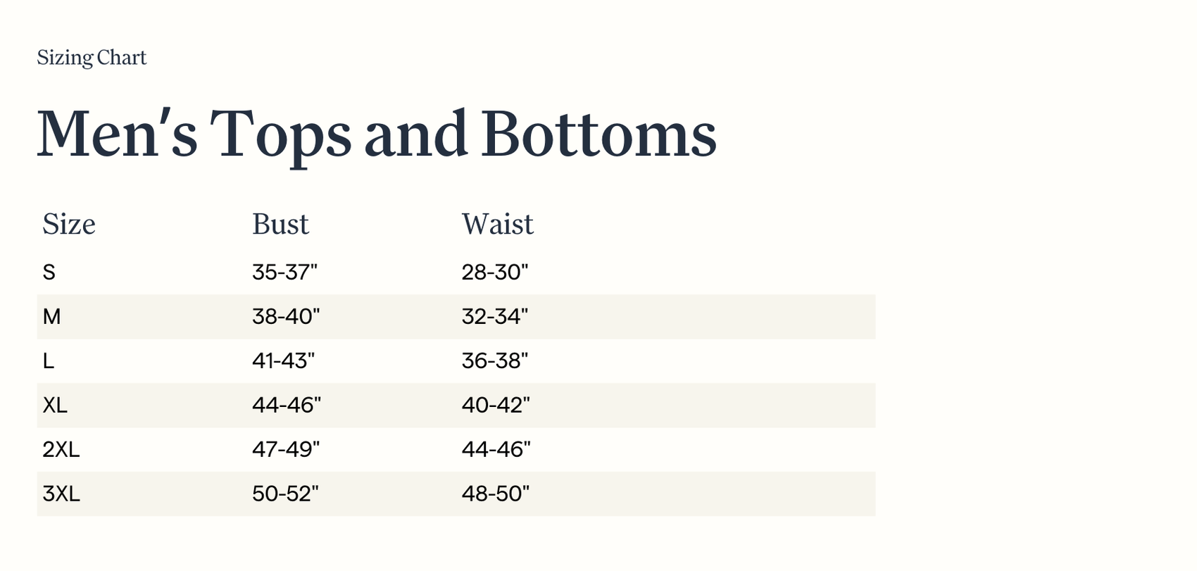 Sizing chart