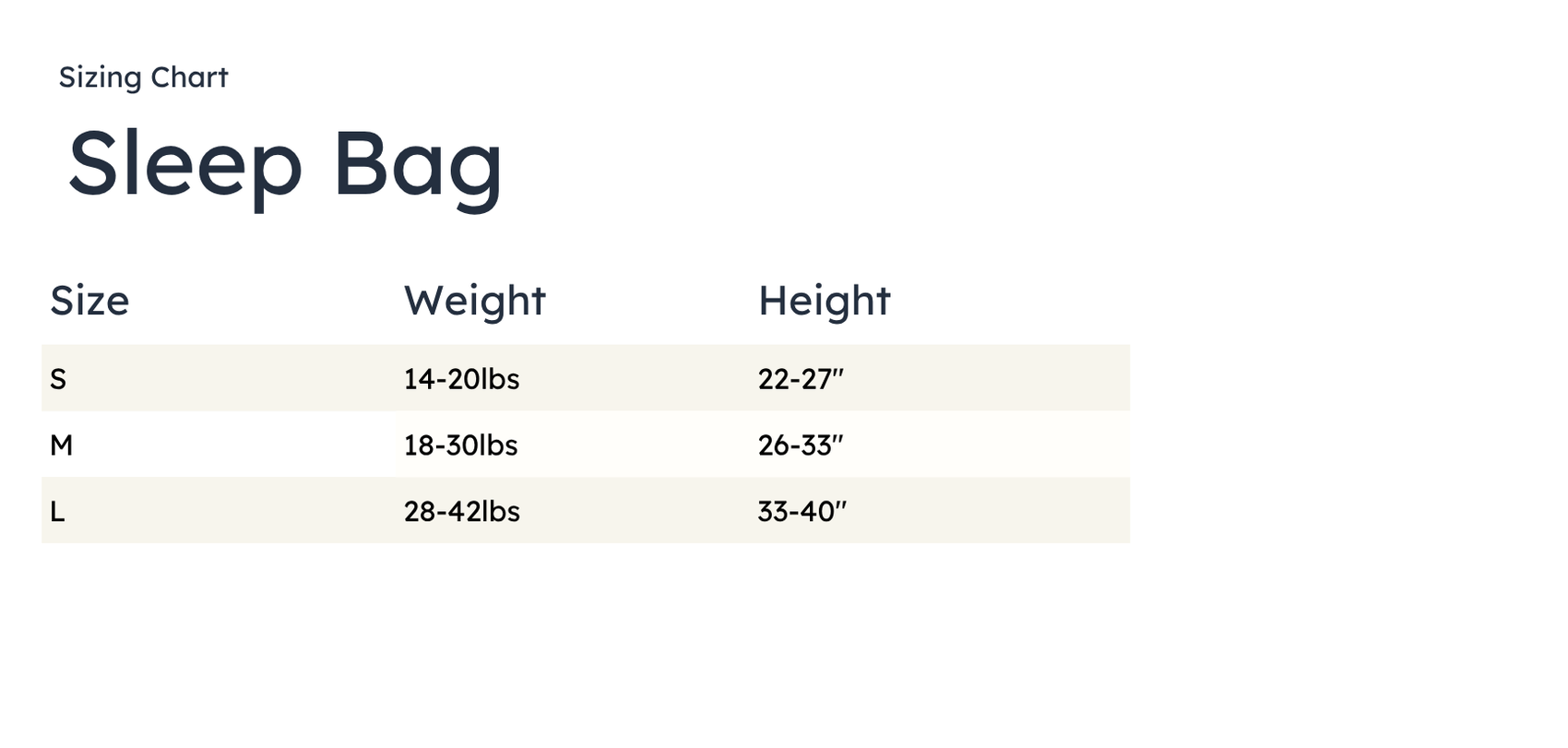 Sizing chart