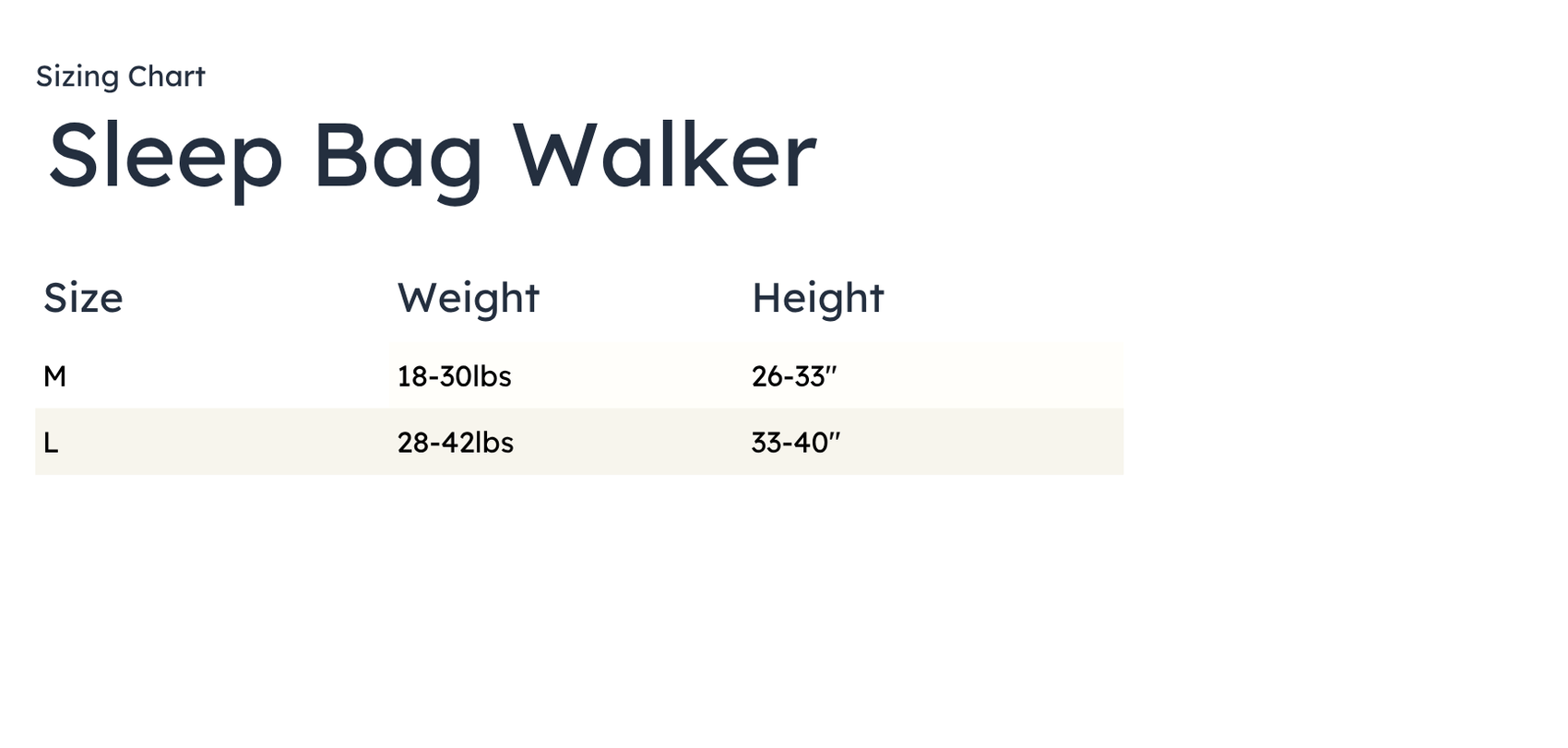 Sizing chart