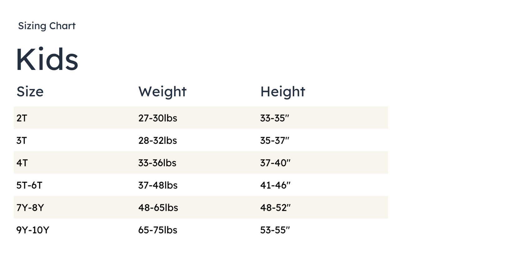 Sizing chart