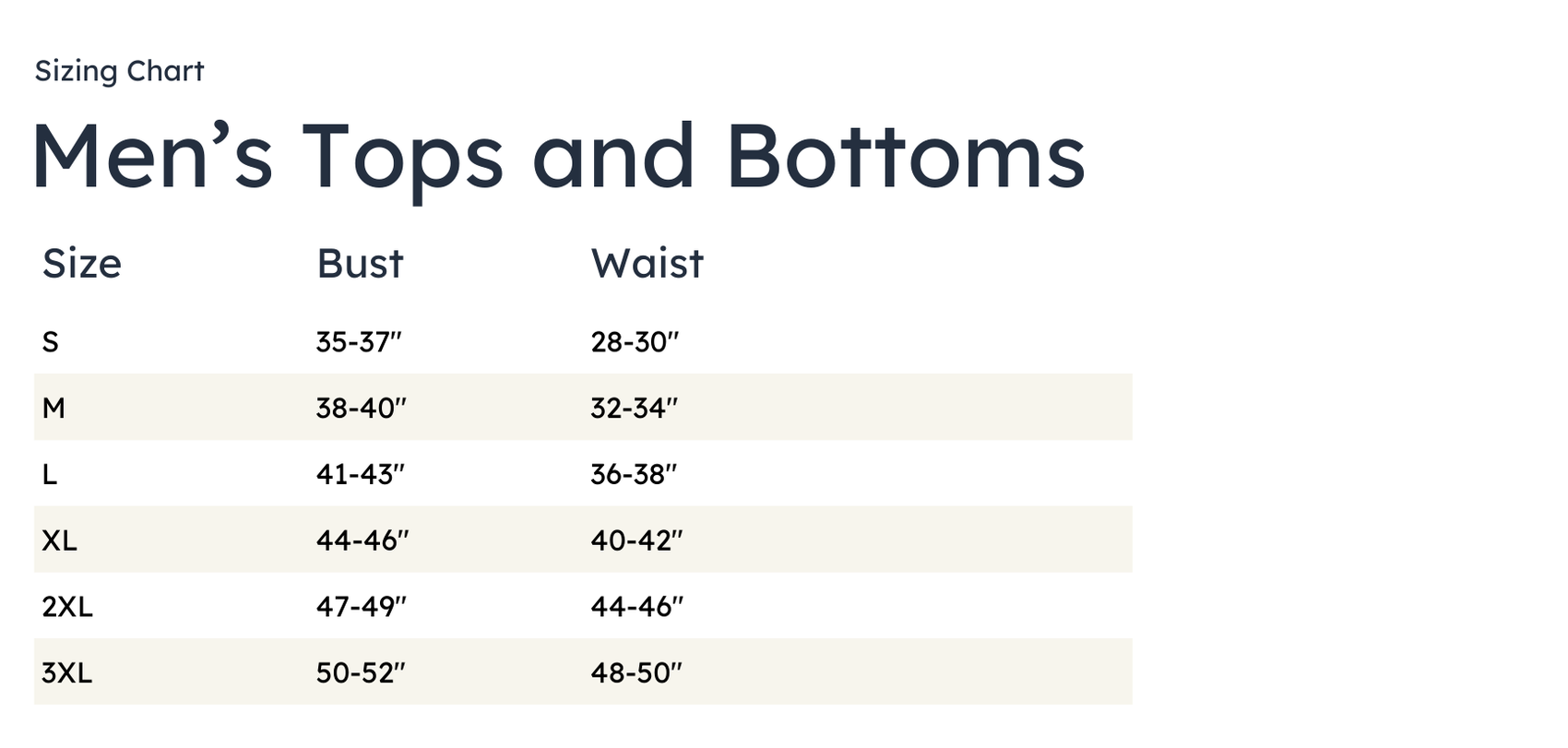 Sizing chart