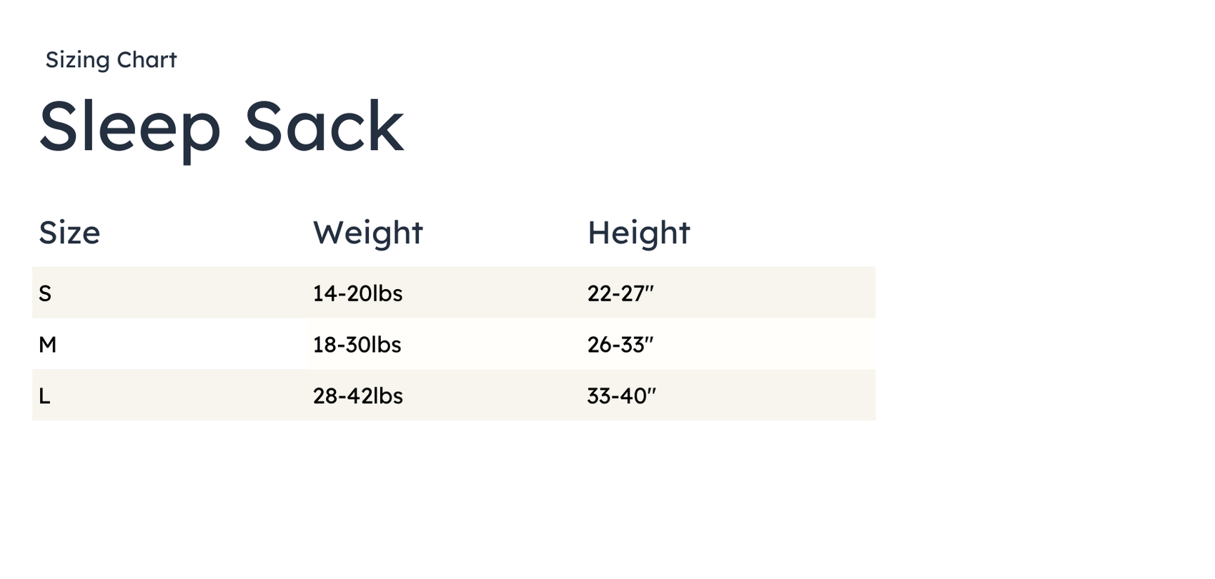 Sizing chart