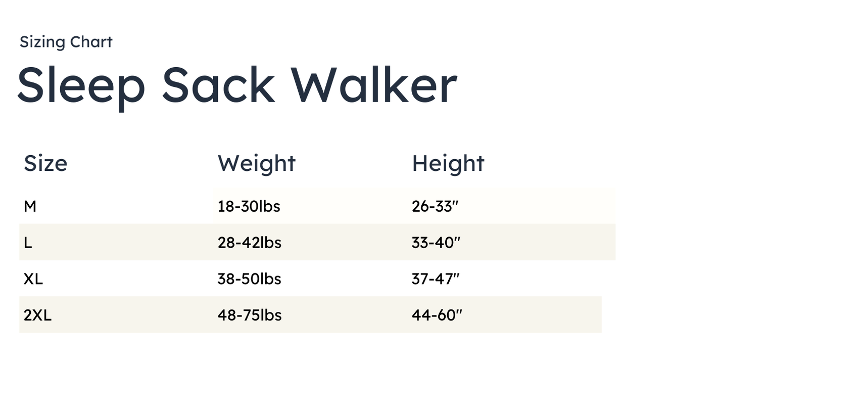 Sizing chart