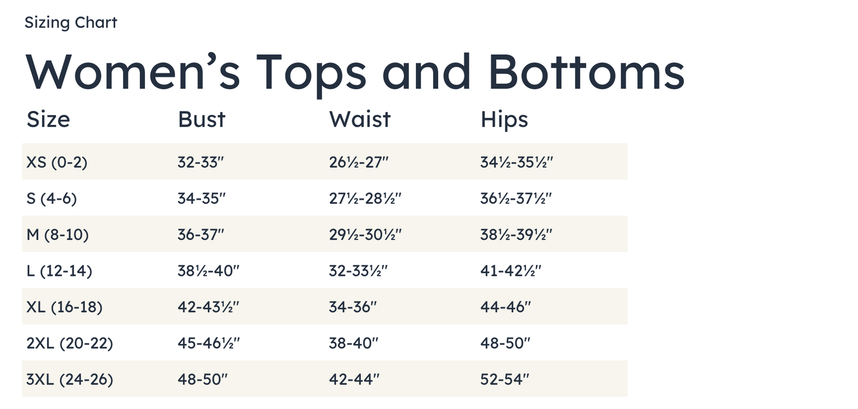 Sizing chart
