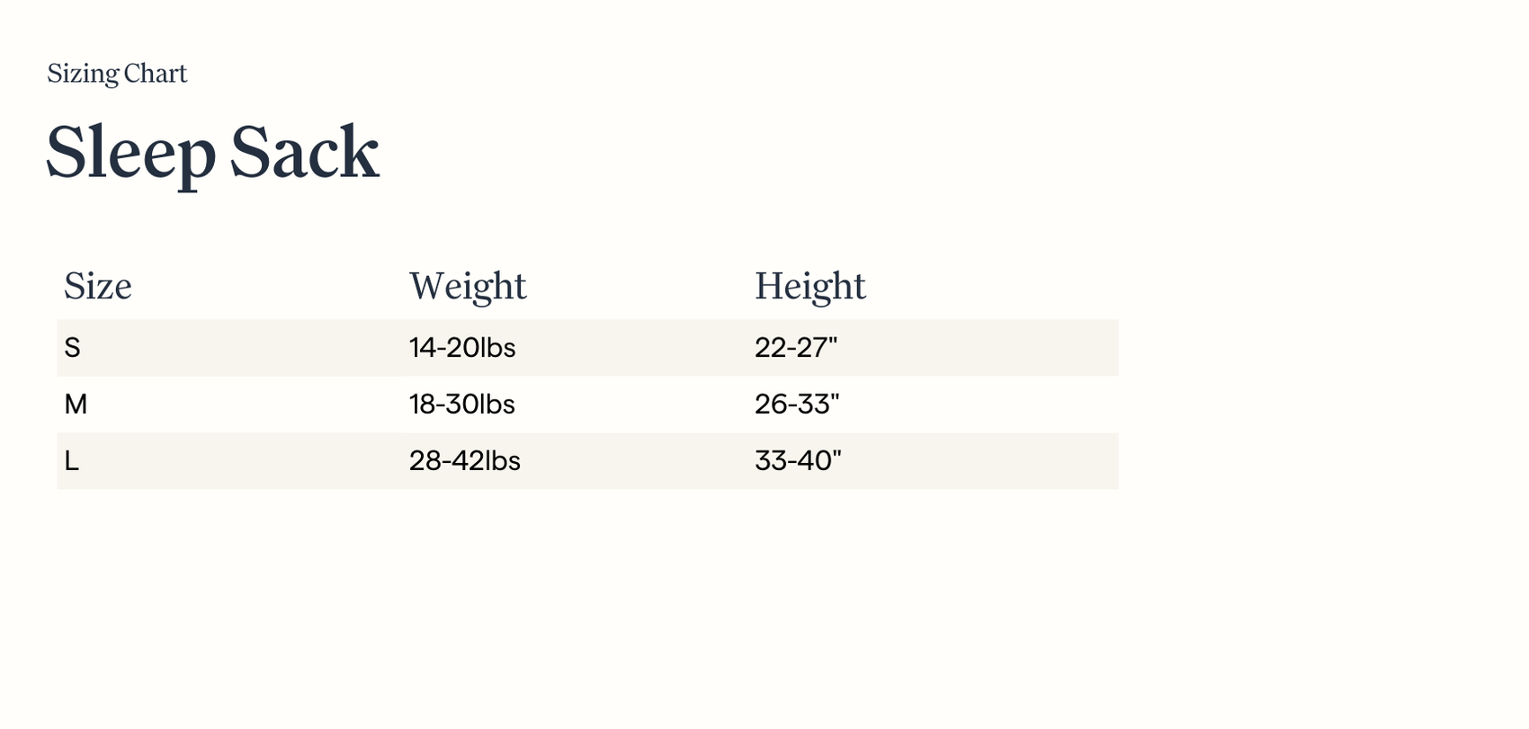 Sizing chart