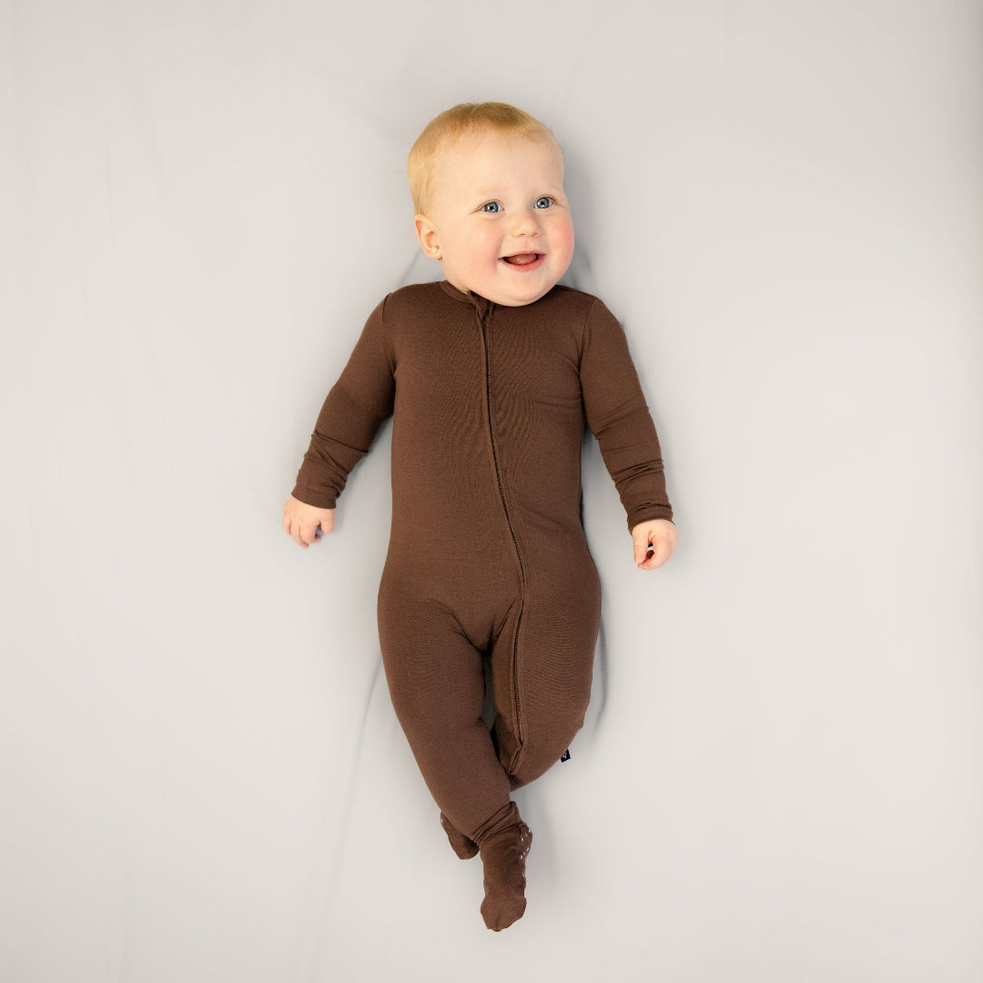 Larkspur Baby Zip Footie in Chestnut