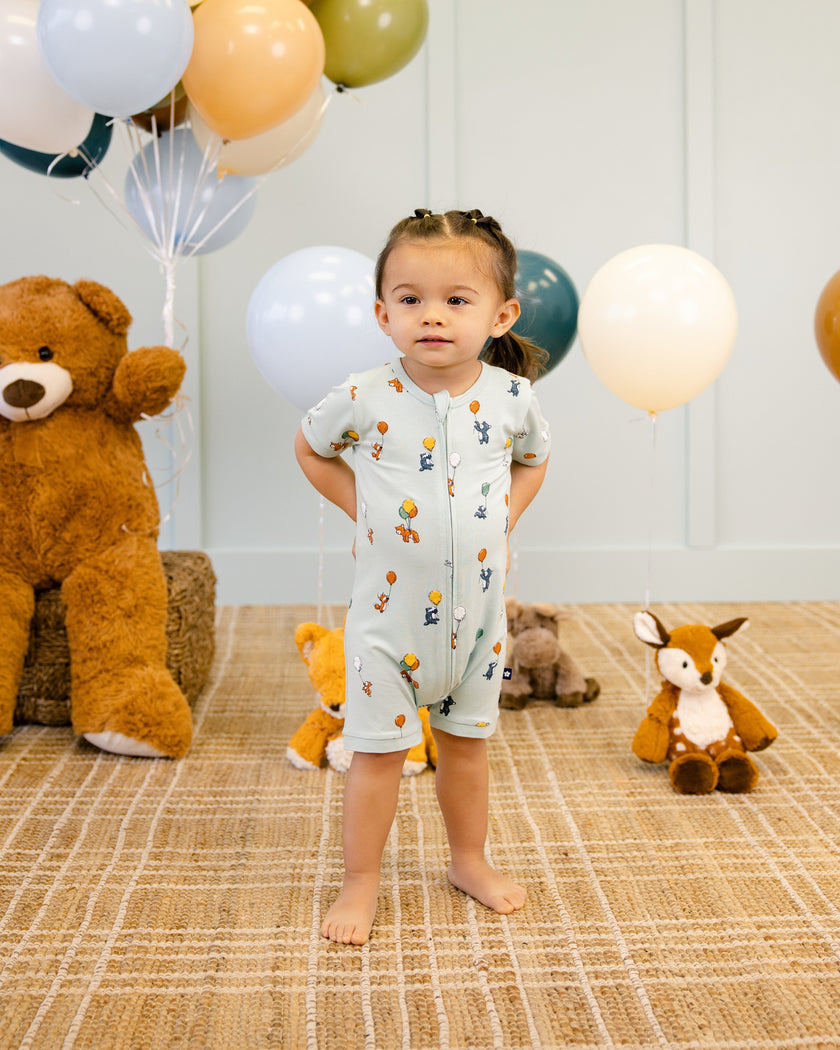 Short Zip Romper in Animals and Balloons