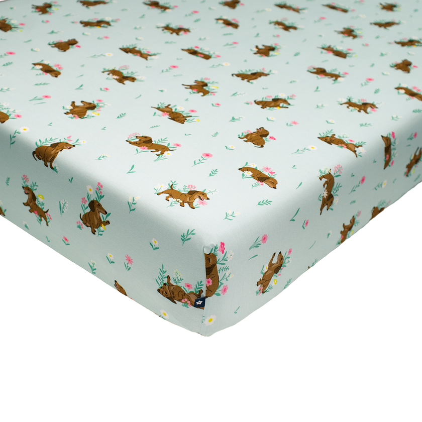Crib Sheet in Dachshund Garden