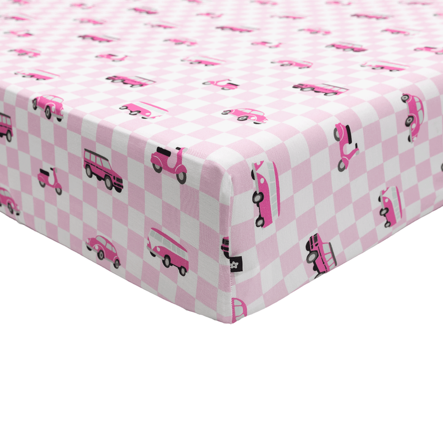 Crib Sheet in Pink Wheels