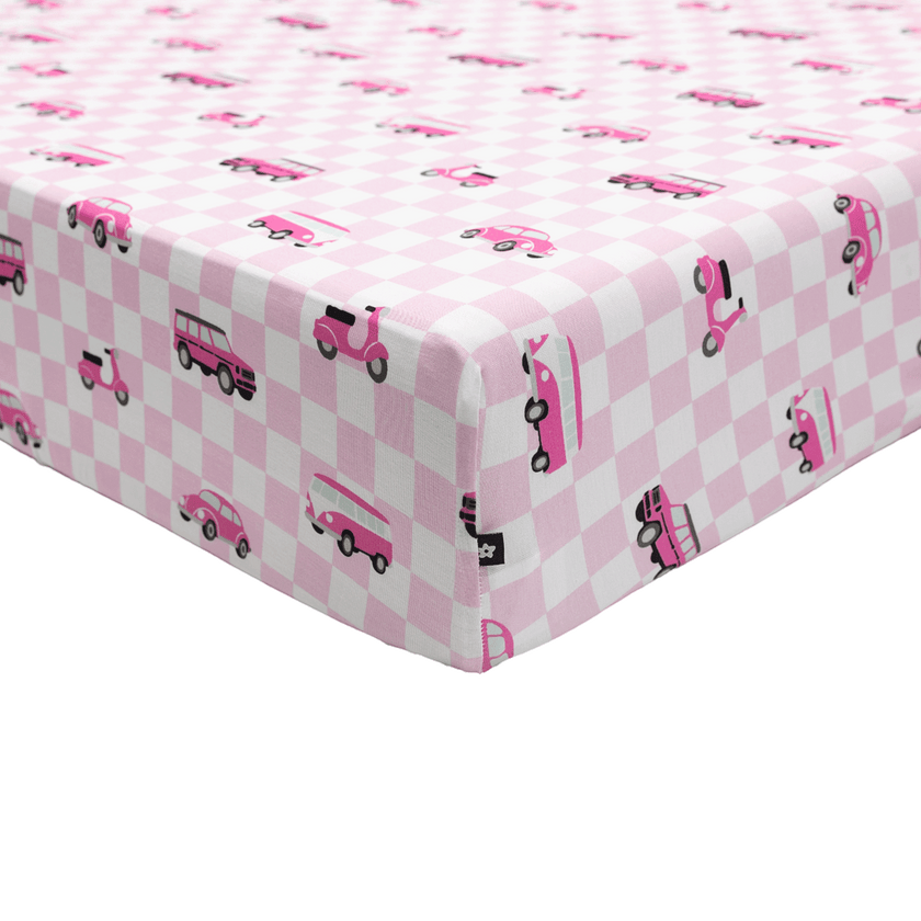 Crib Sheet in Pink Wheels