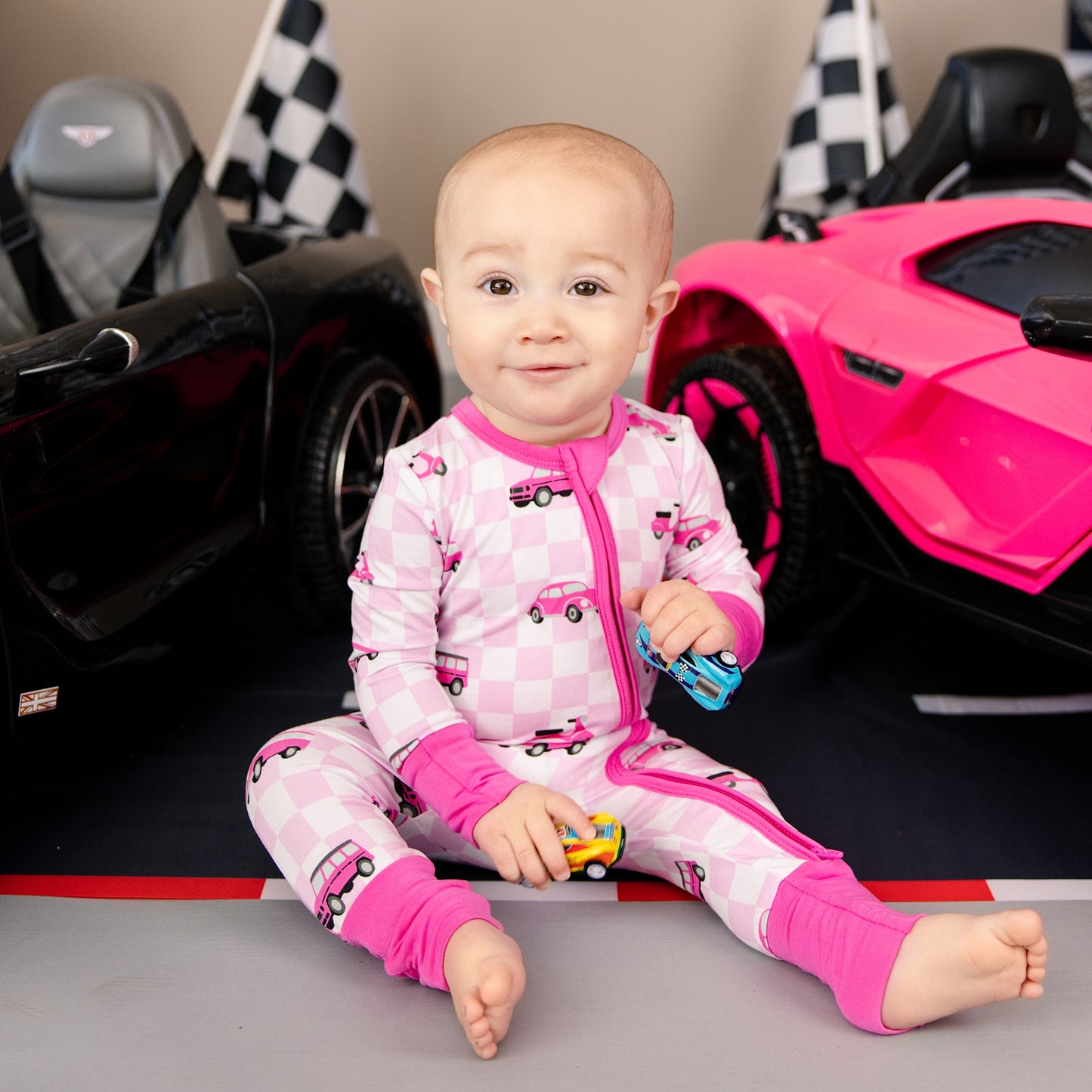 Convertible Footed Romper in Pink Wheels