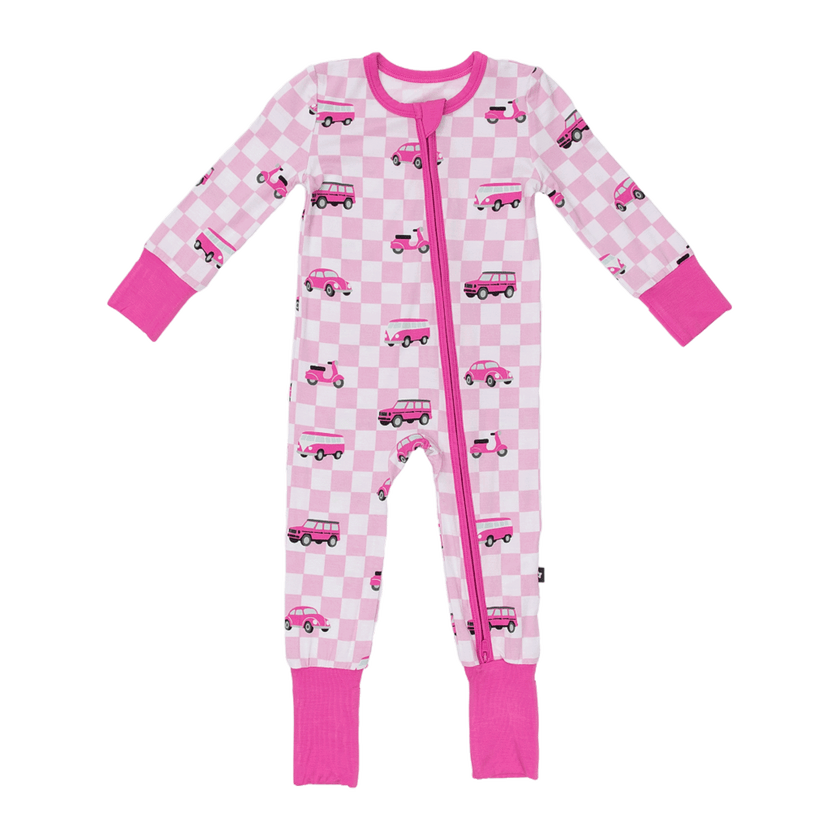 Convertible Footed Romper in Pink Wheels