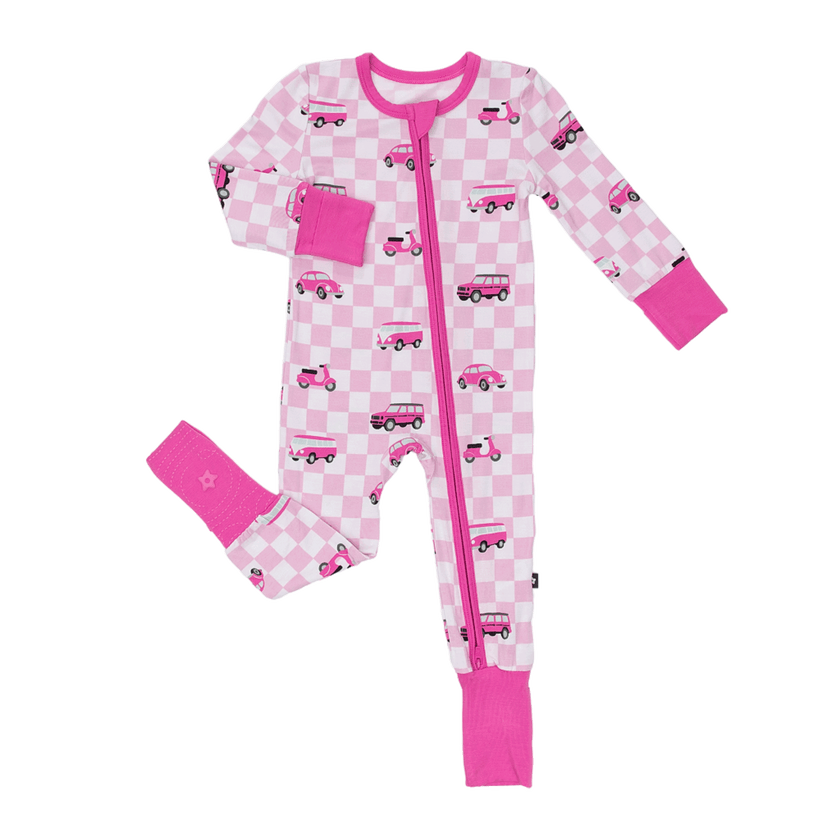 Convertible Footed Romper in Pink Wheels