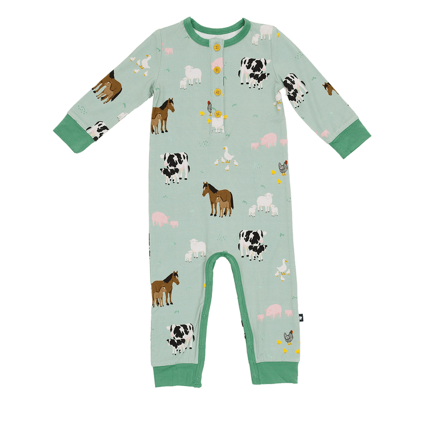 Long Sleeve Henley Romper in Farm Animals