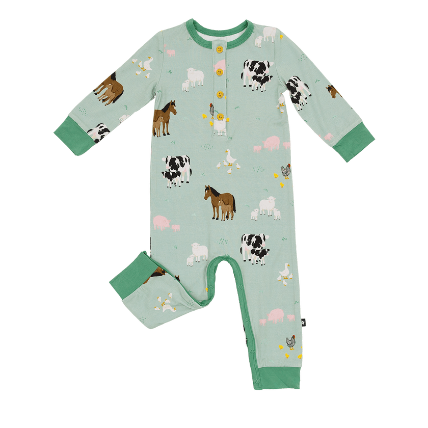 Long Sleeve Henley Romper in Farm Animals