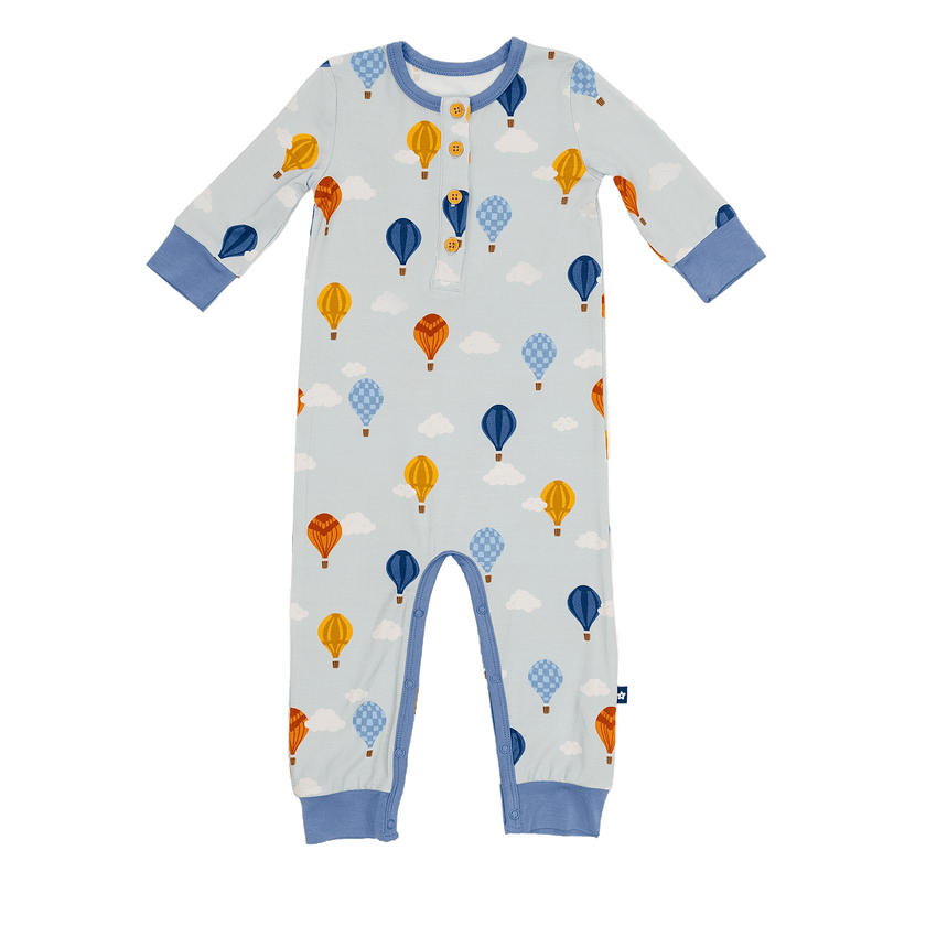 Long Sleeve Henley Romper in Hot Air Balloons