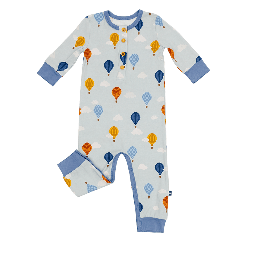 Long Sleeve Henley Romper in Hot Air Balloons