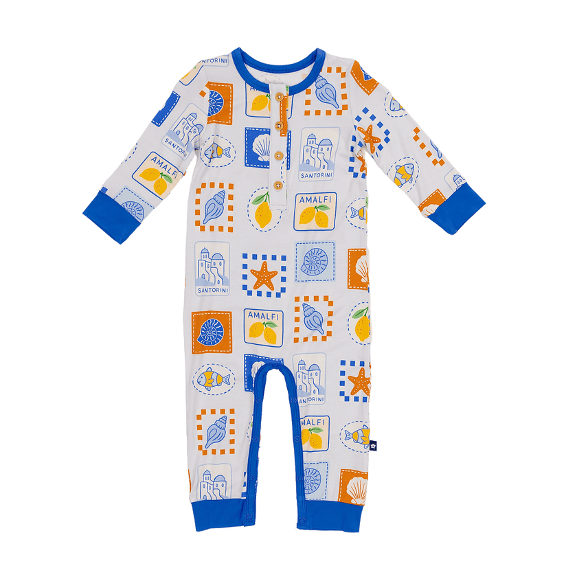 Long Sleeve Henley Romper in Mediterranean Breeze