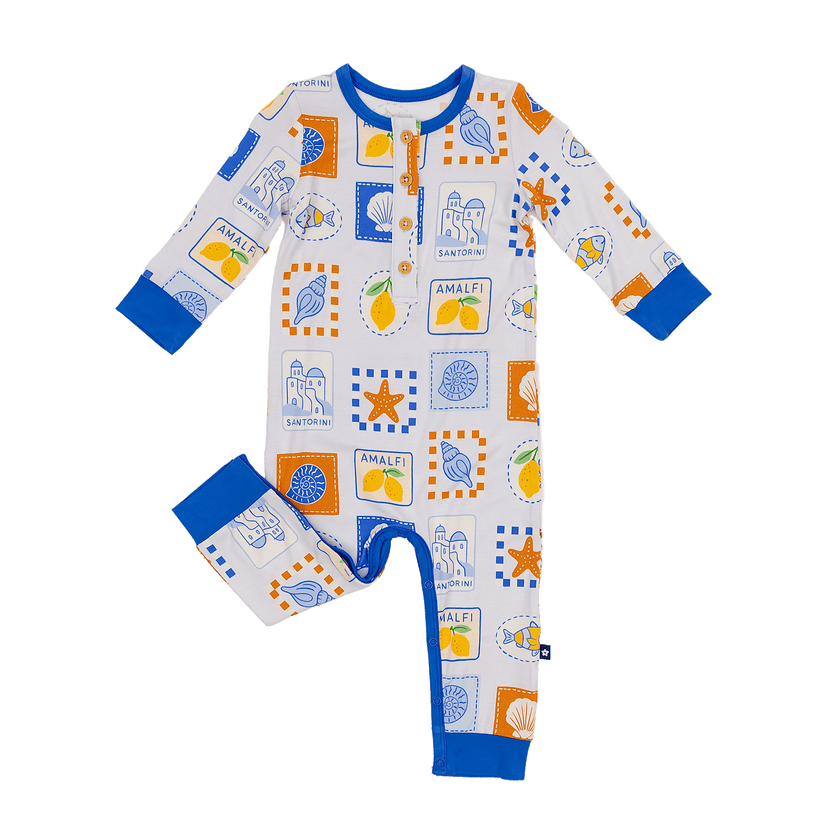 Long Sleeve Henley Romper in Mediterranean Breeze