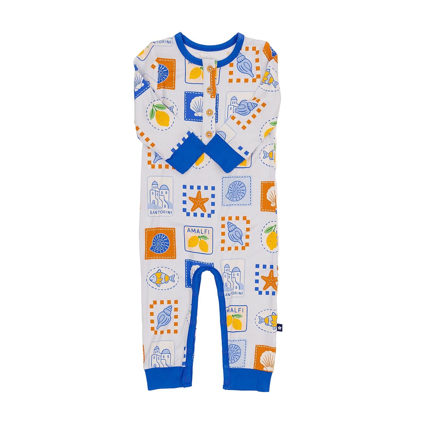 Long Sleeve Henley Romper in Mediterranean Breeze