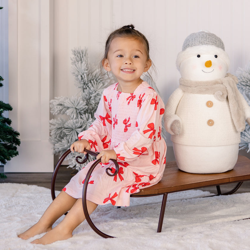 Long Sleeve Smocked Dress in Holiday Bows