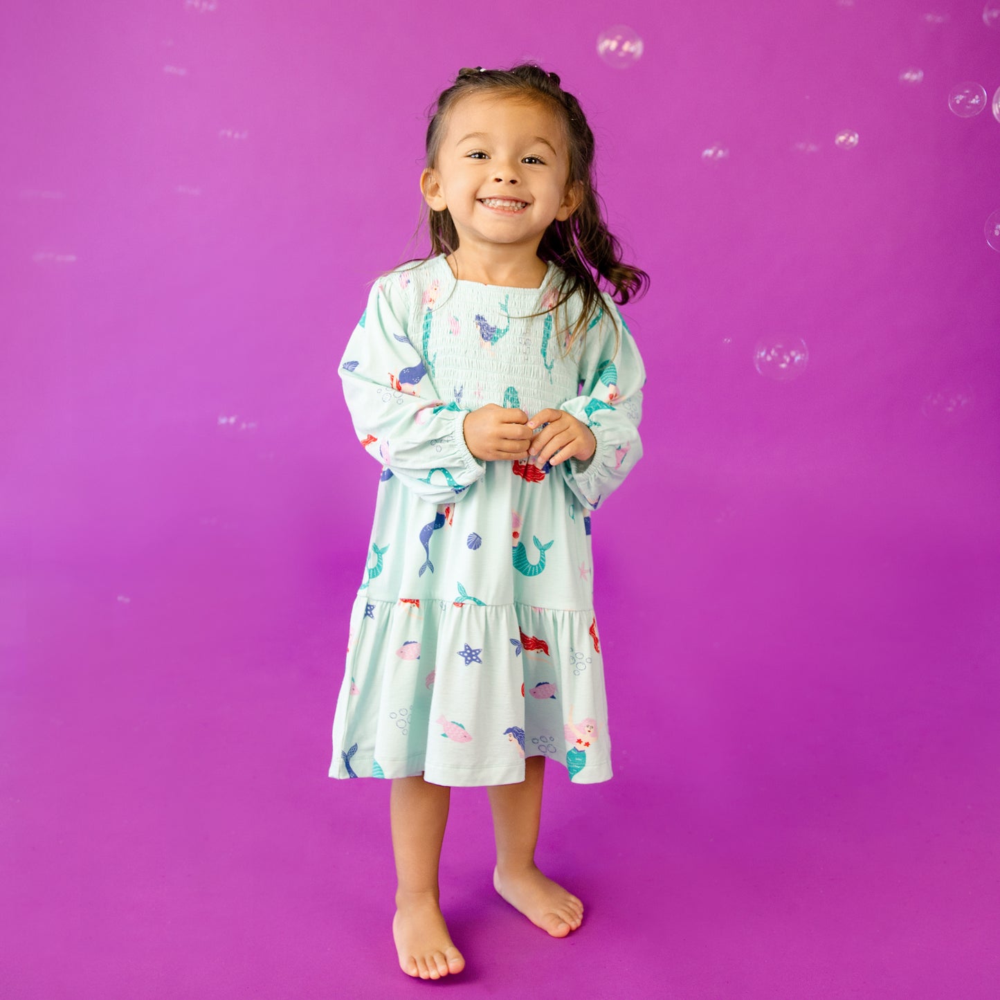 Long Sleeve Smocked Dress in Mermaids