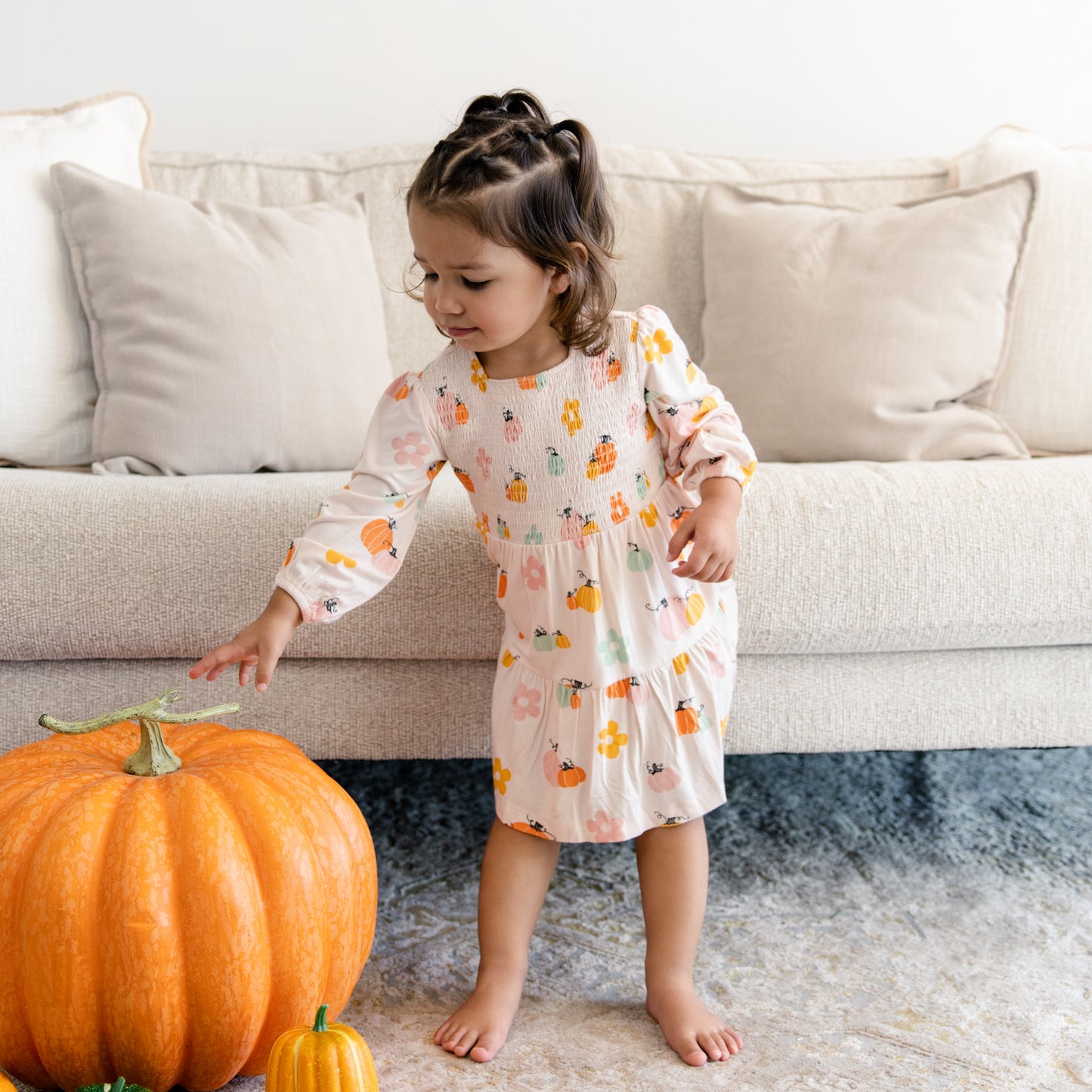 Long Sleeve Smocked Dress in Pumpkin Patch