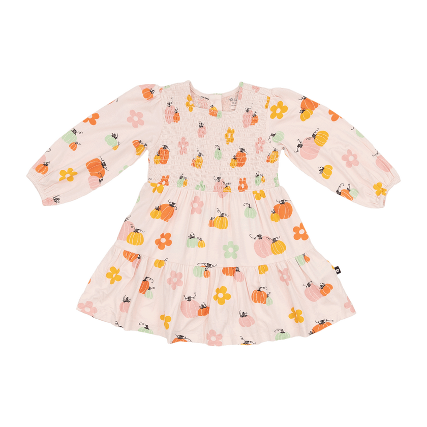 Long Sleeve Smocked Dress in Pumpkin Patch