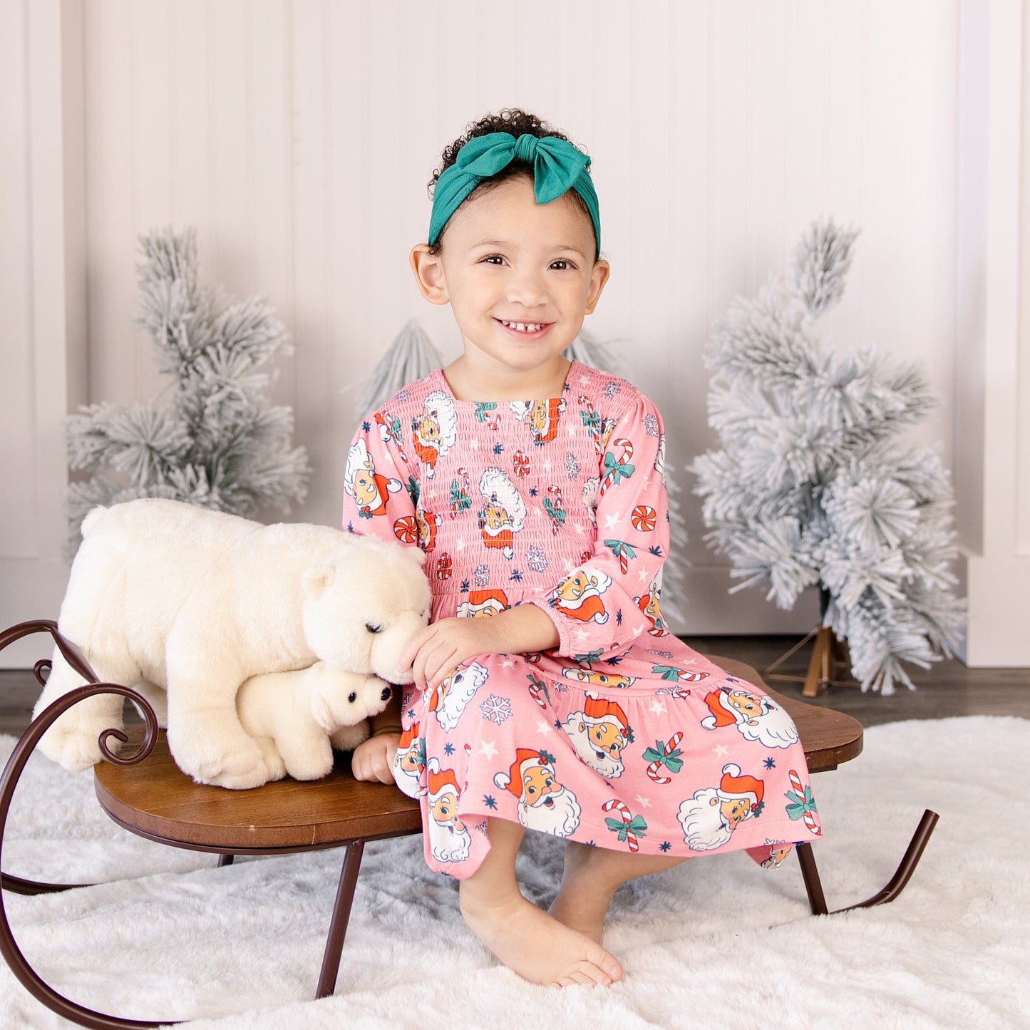 Long Sleeve Smocked Dress in Santa Baby