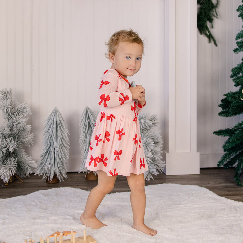 Long Sleeve Twirl Dress in Holiday Bows