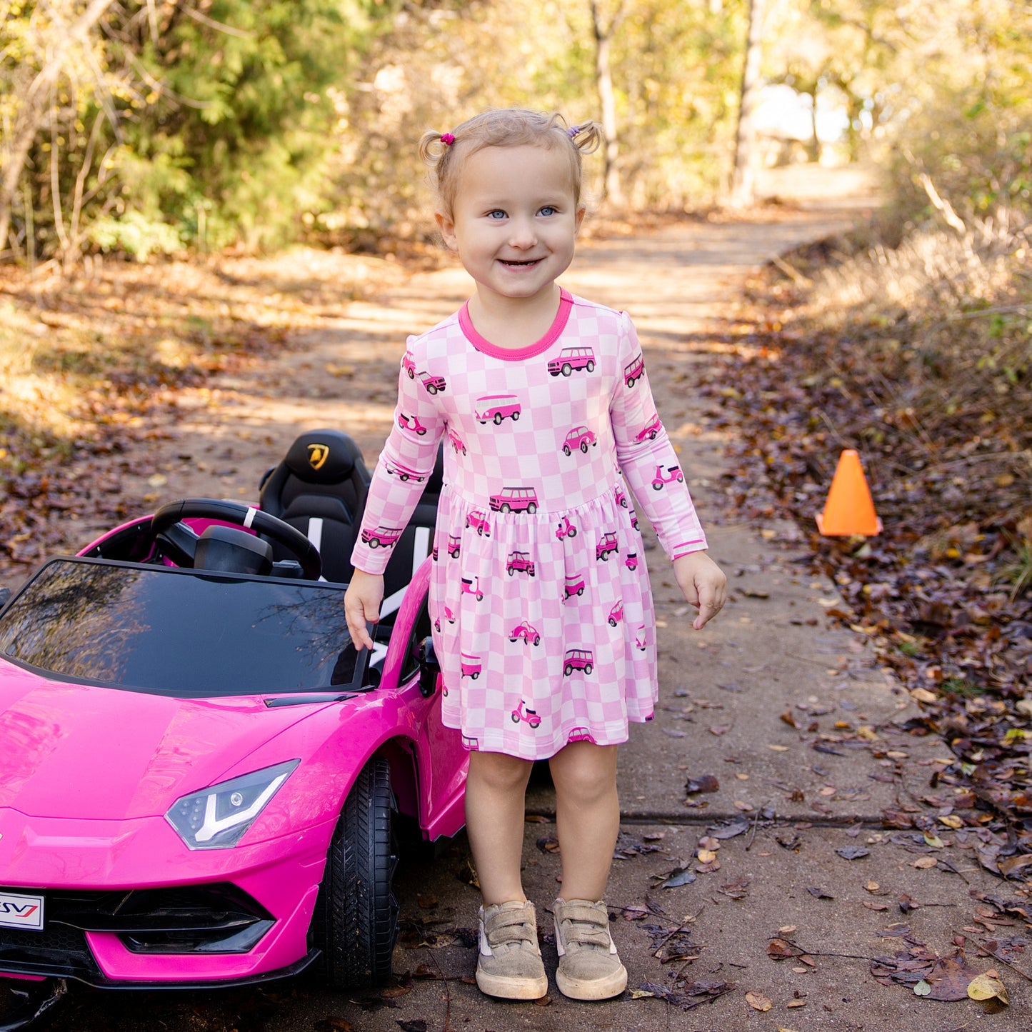 Long Sleeve Twirl Dress in Pink Wheels