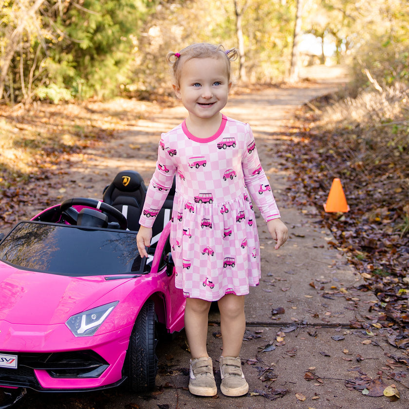Long Sleeve Twirl Dress in Pink Wheels