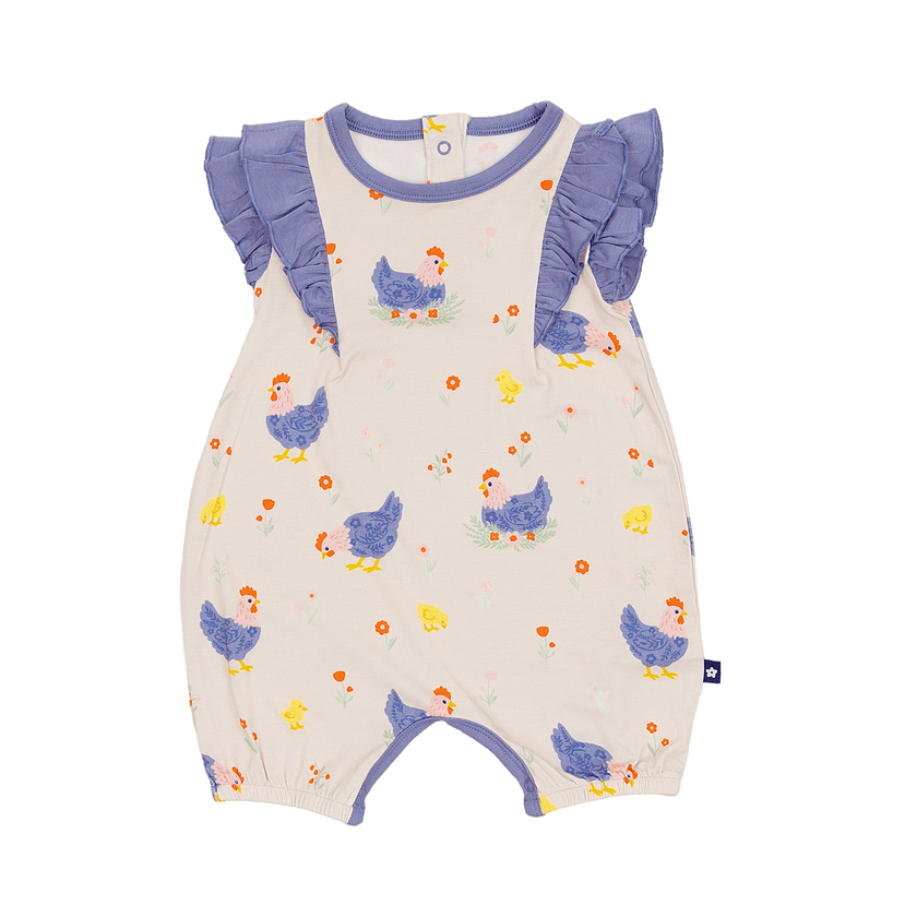 Ruffle Shorty Romper in Chick and Cluck