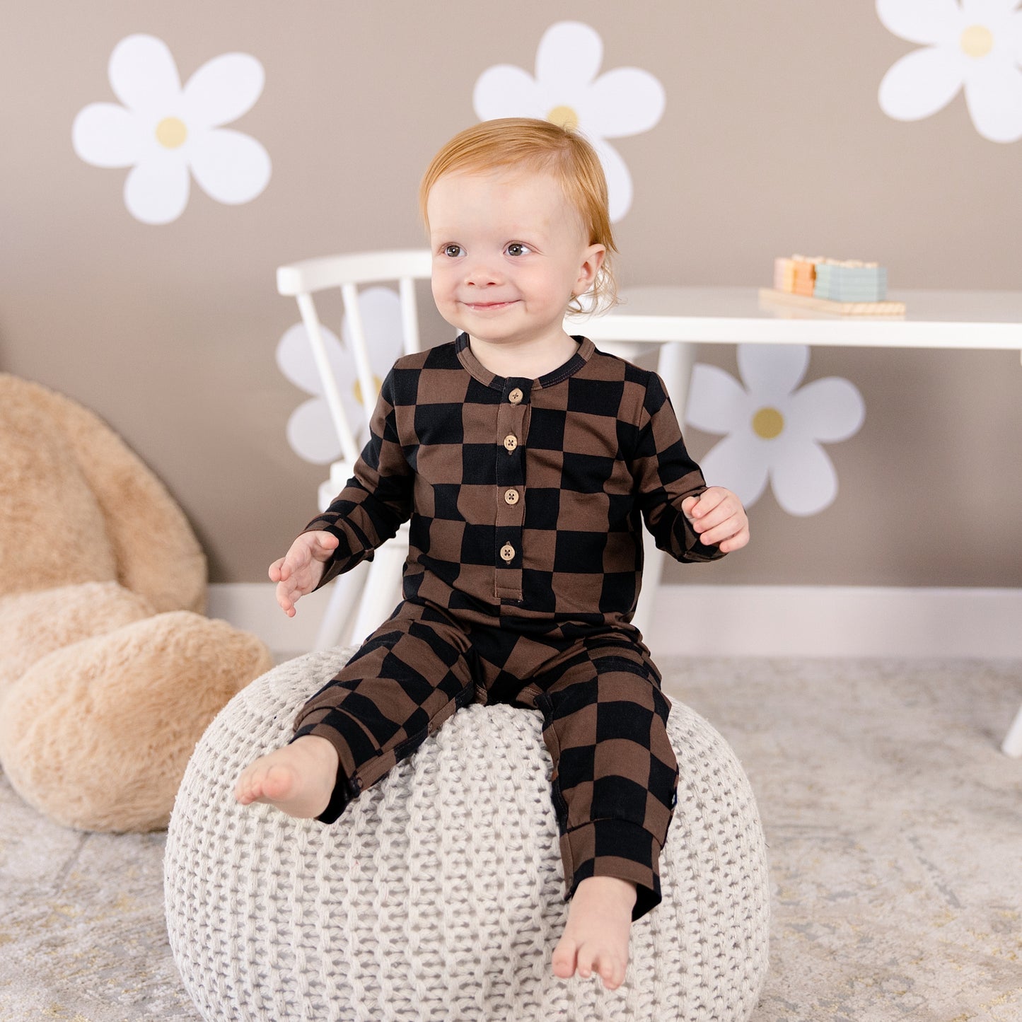 Long Sleeve Henley Romper in Cocoa Check