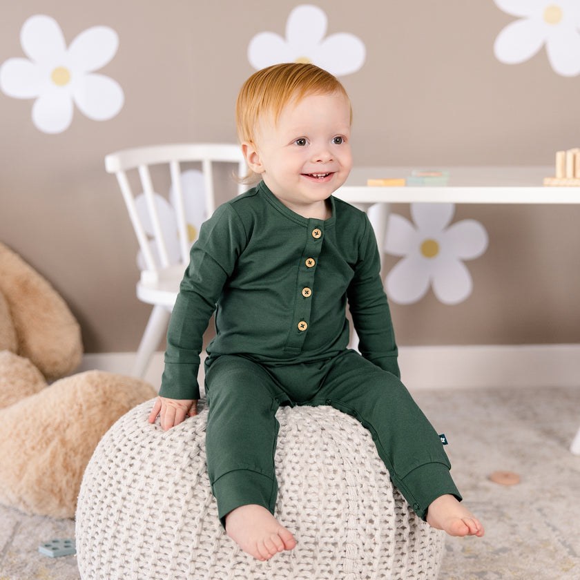 Long Sleeve Henley Romper in Forest Moss