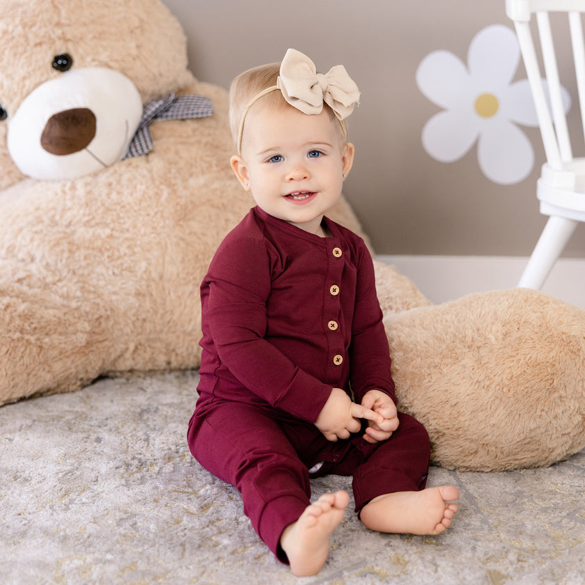 Long Sleeve Henley Romper in Plum Wine