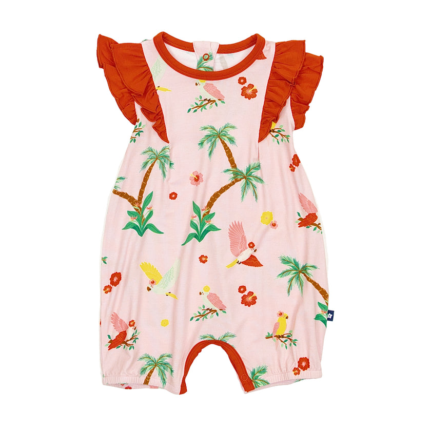 Ruffle Shorty Romper in Colorful Cockatoos