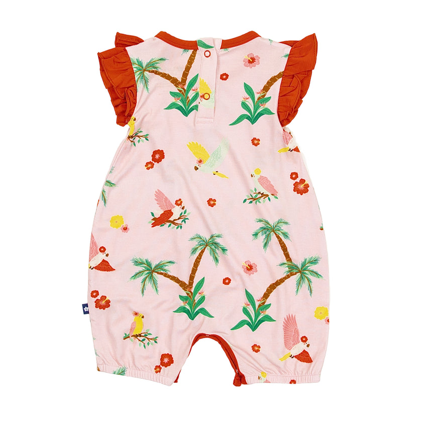 Ruffle Shorty Romper in Colorful Cockatoos