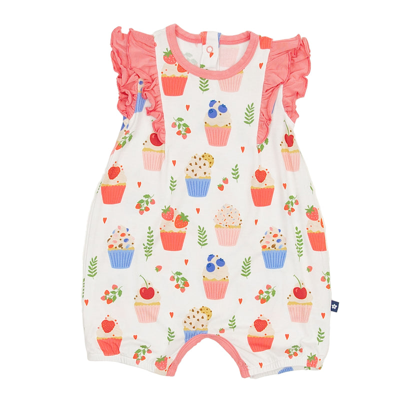 Ruffle Shorty Romper in Sweet Cupcakes