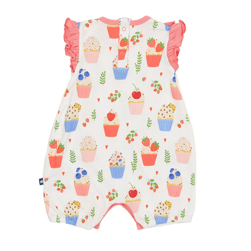 Ruffle Shorty Romper in Sweet Cupcakes